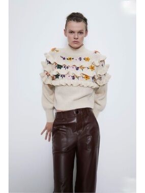 Zara Cream Floral Embroidered Ruffle Acrylic Wool Blend Crewneck Sweater